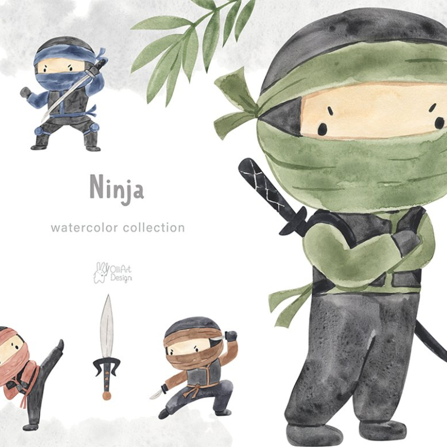 Ninja. Watercolor Clipart.