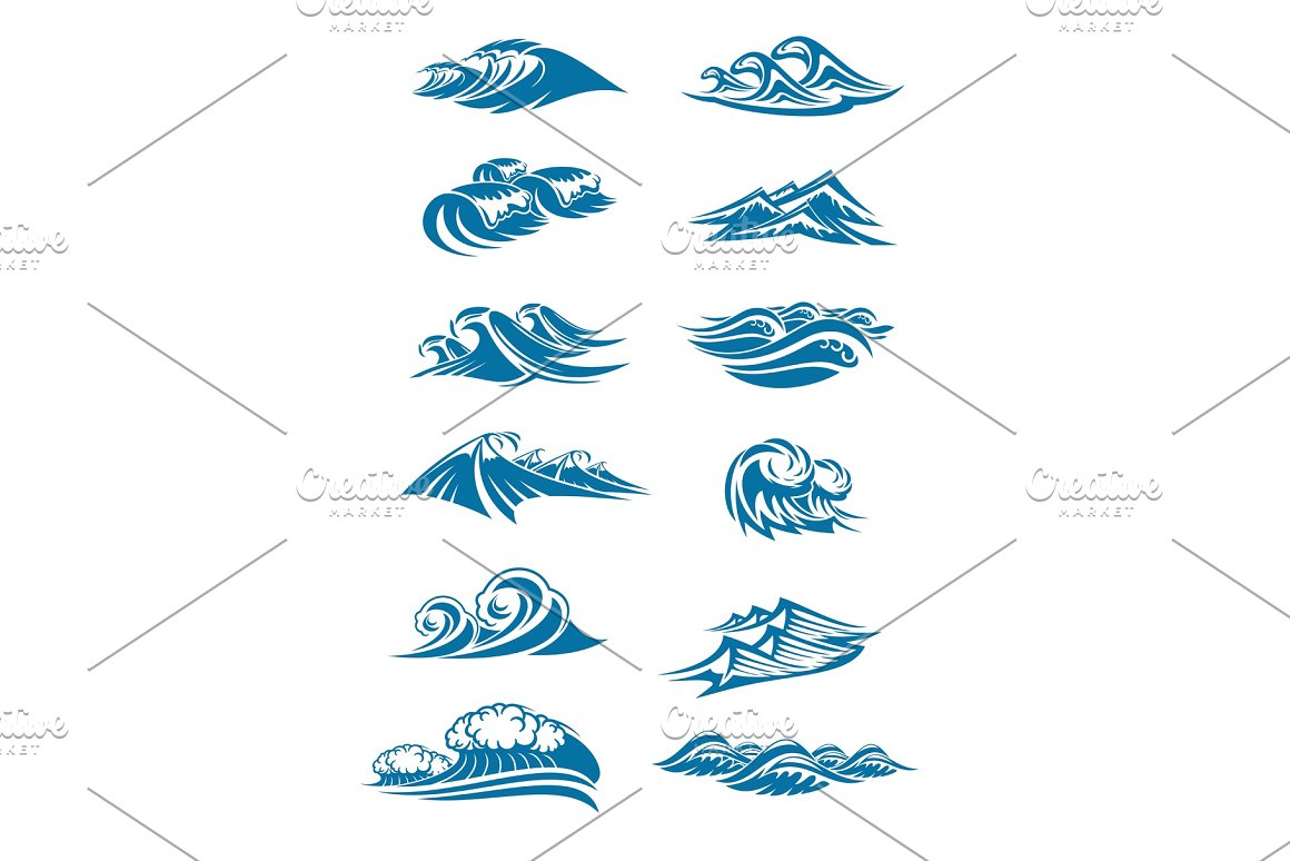 A set of 12 blue different icons of ocean waves on a white background.