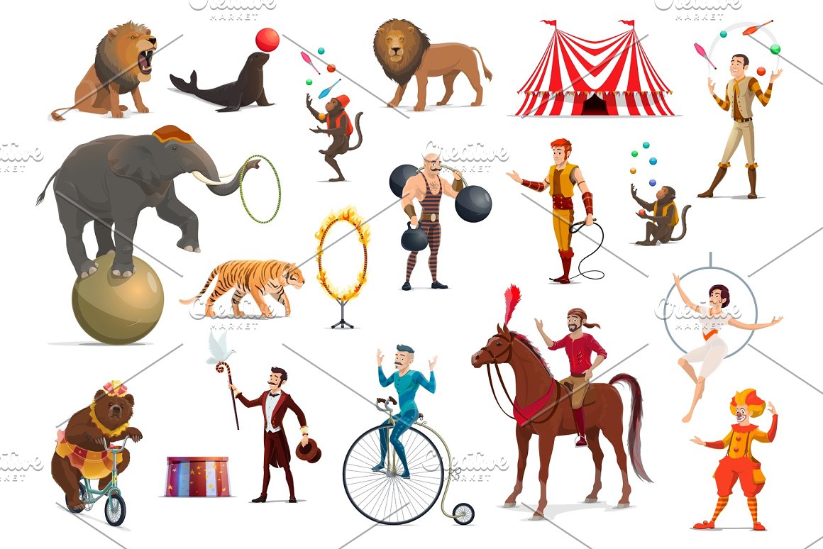 A set of different circus acrobat clown animals illustrations on a white background.