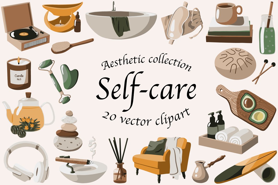 Cover with black lettering "Self-Care" and different self-care illustrations on a gray background.