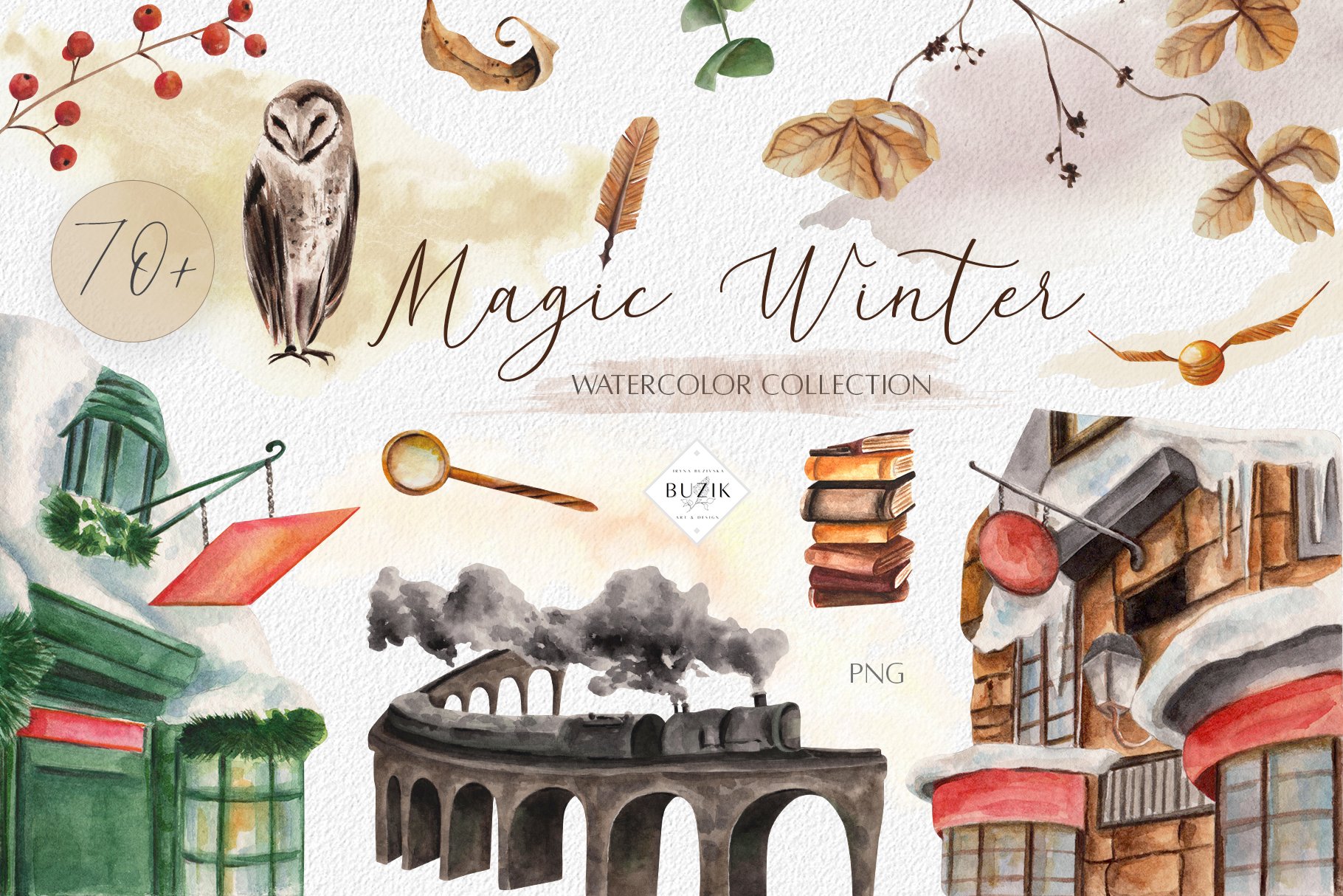 Cover image of Magic Winter Watercolor Clipart Set.