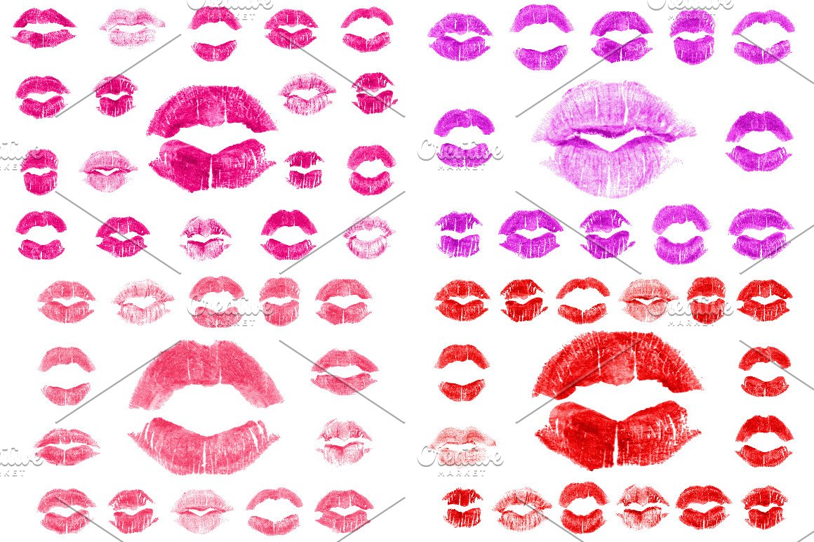 Clipart of different dark pink, purple, pink and red lipstick kisses on a white background.