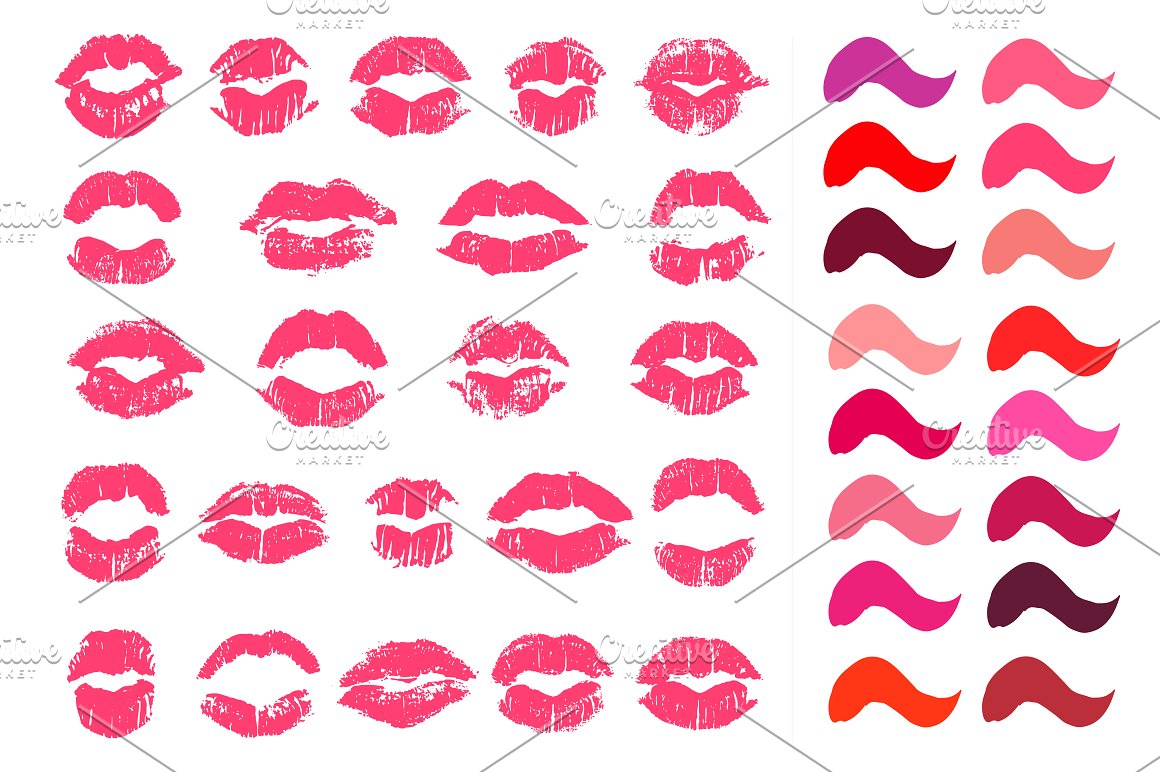 A set of different pink lips and swatches on a white background.