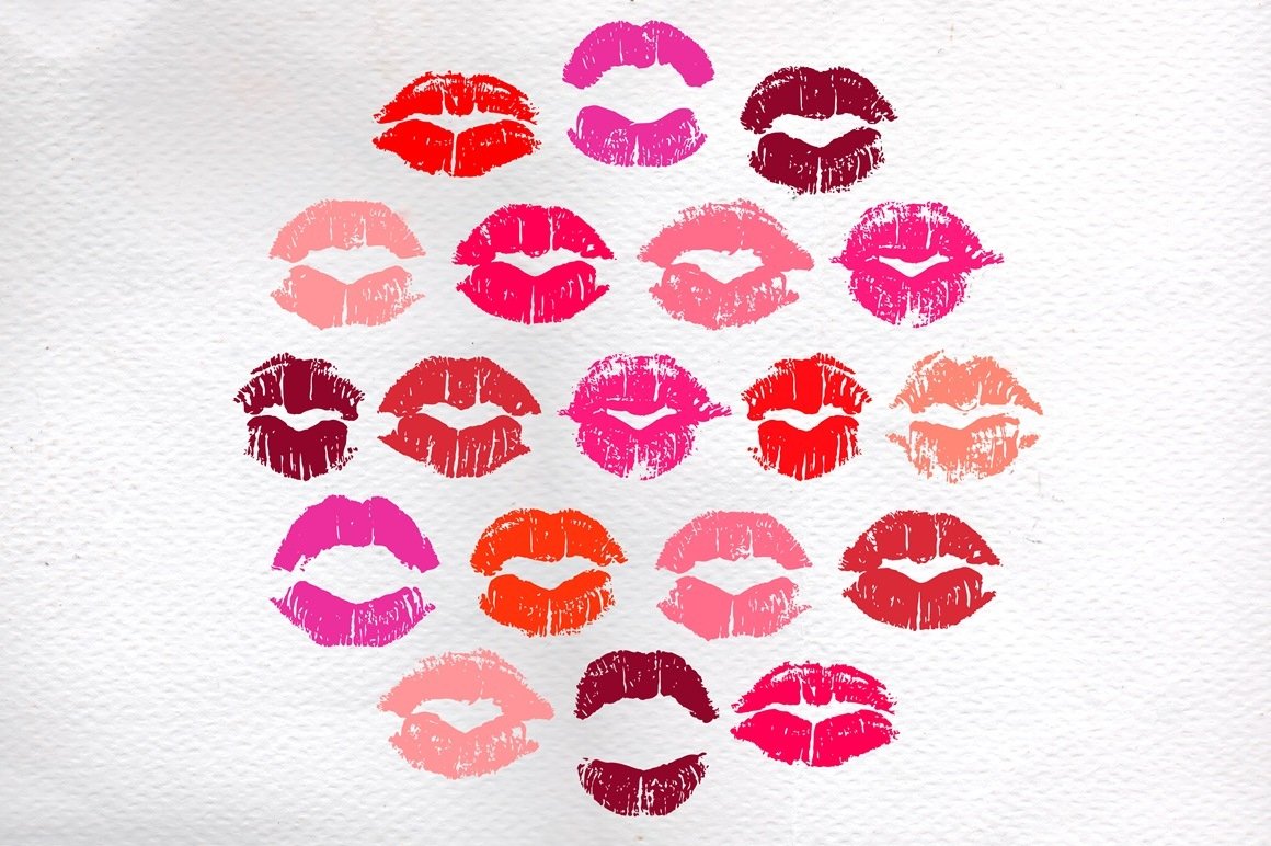 Collection of lipstick kisses illustrations in different colors on a gray background.