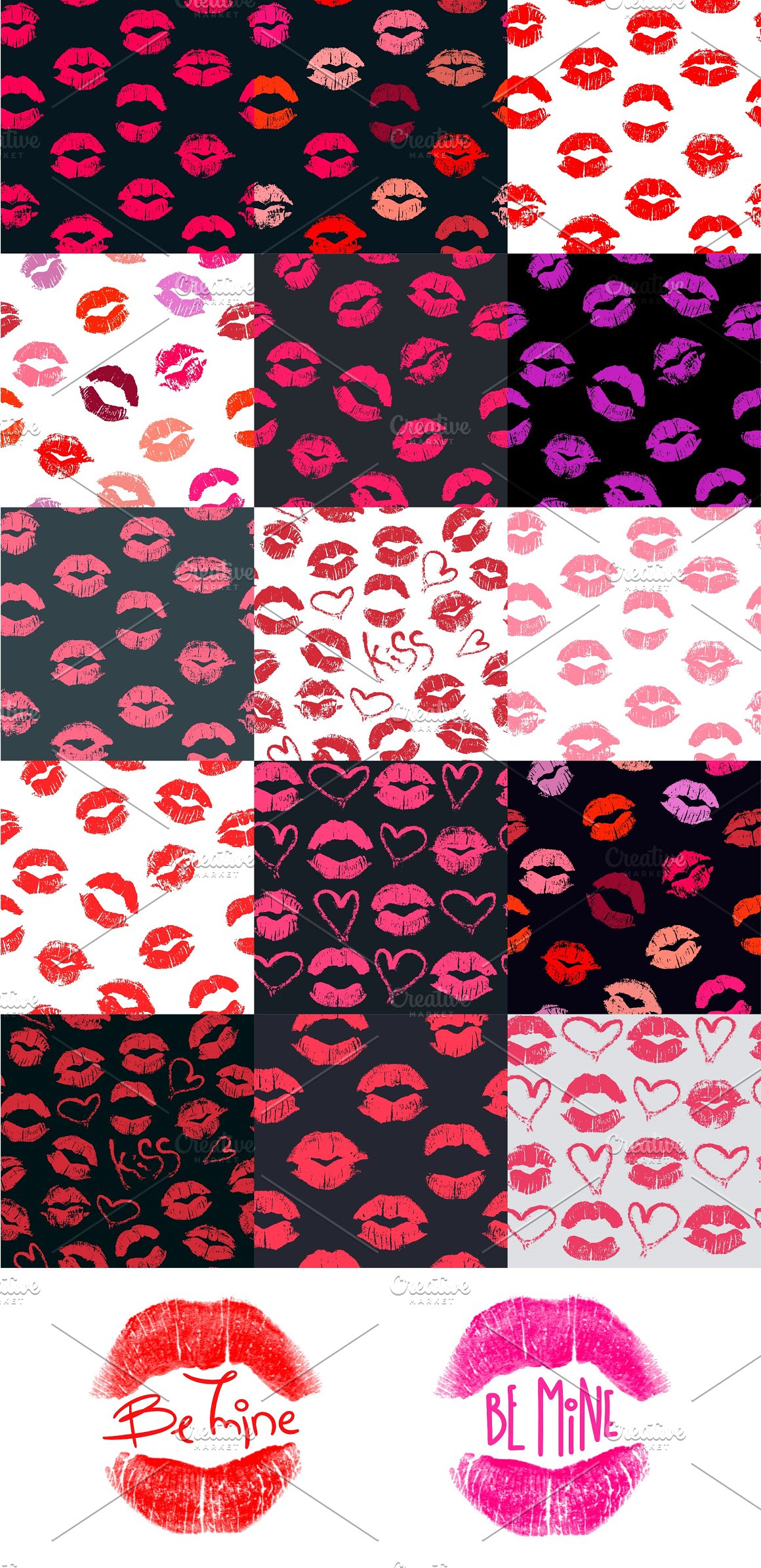 15 different lipstick kisses patterns and red and pink illustrations.