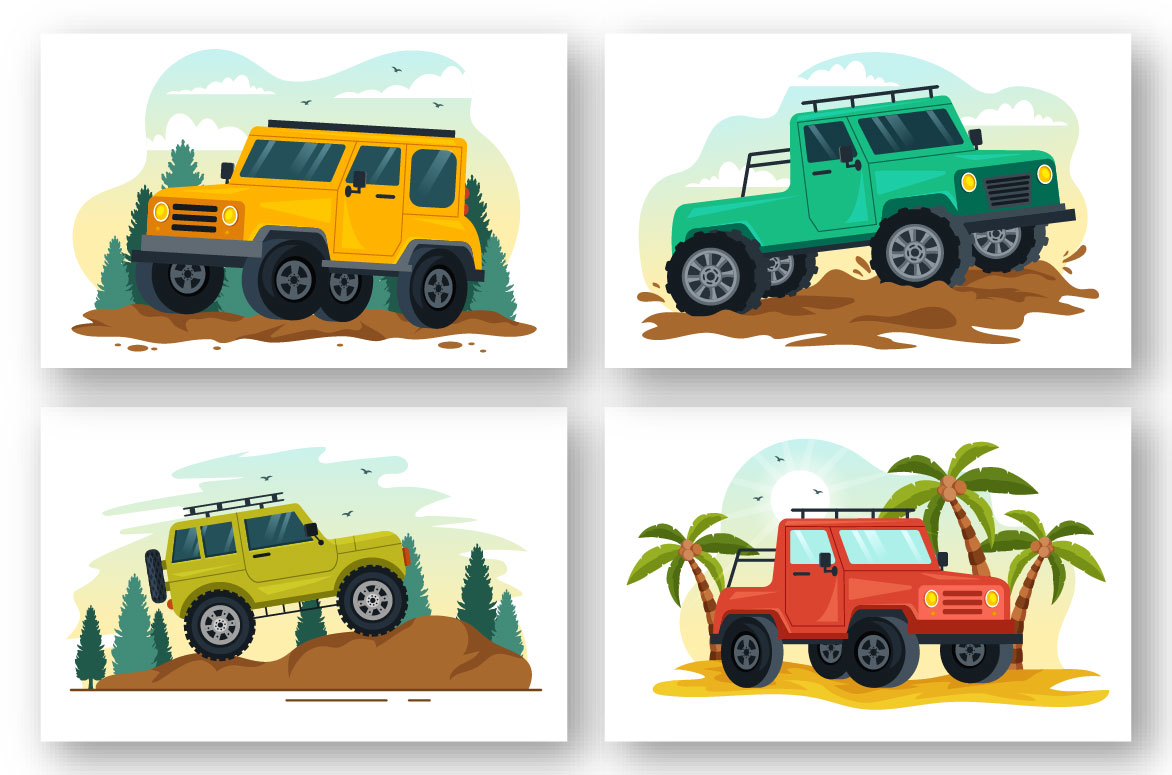 Colorful jeeps in different life situations.