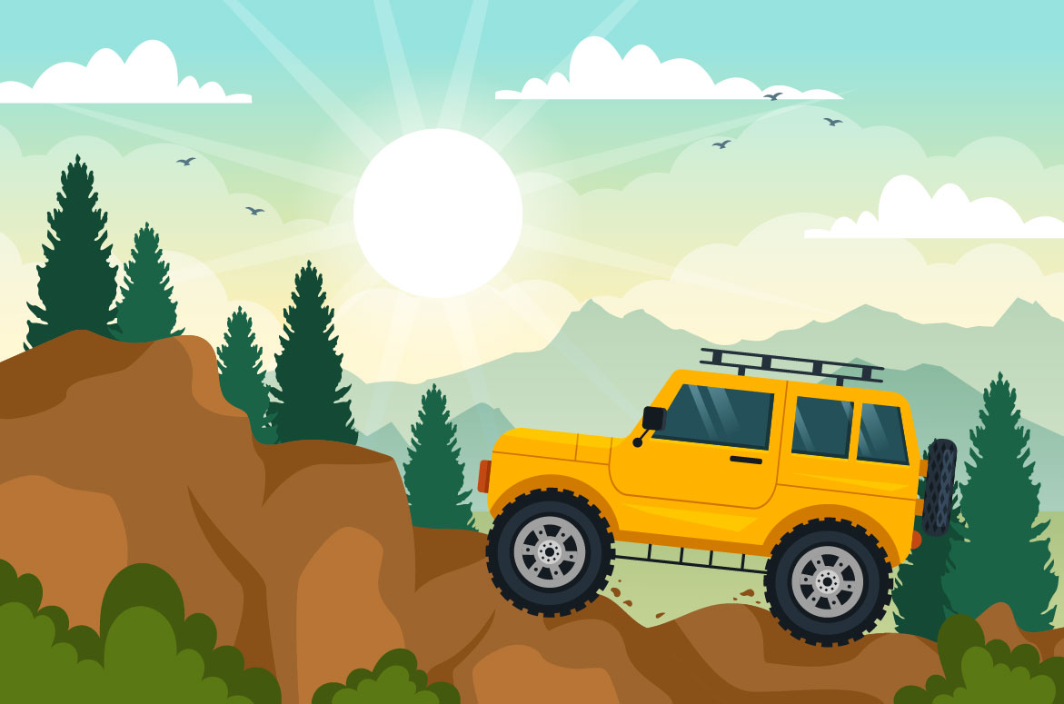 Yellow jeep on a sunset background.