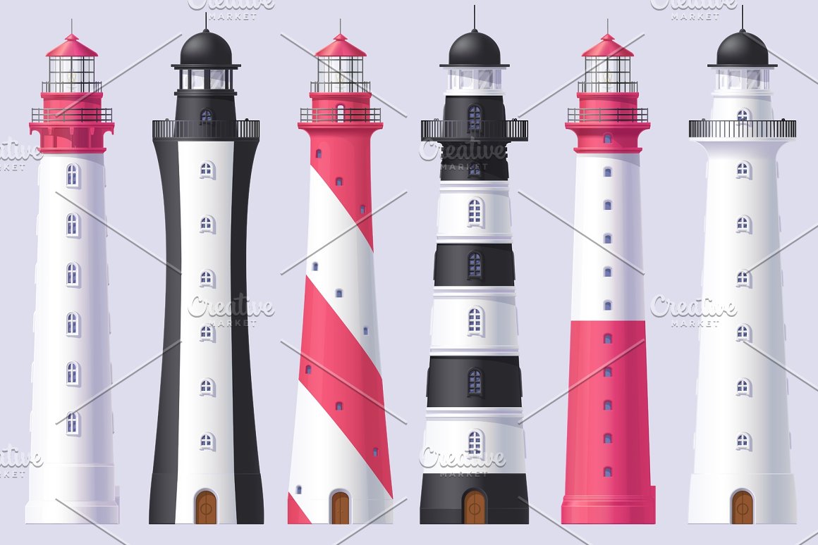 Pink, black and white different illustrations of a lighthouse on a gray background.