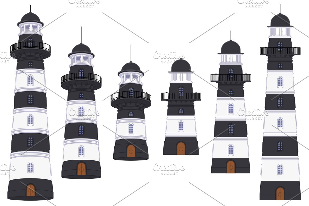 Cover image of Vector Outline Lighthouse Beacon Set.