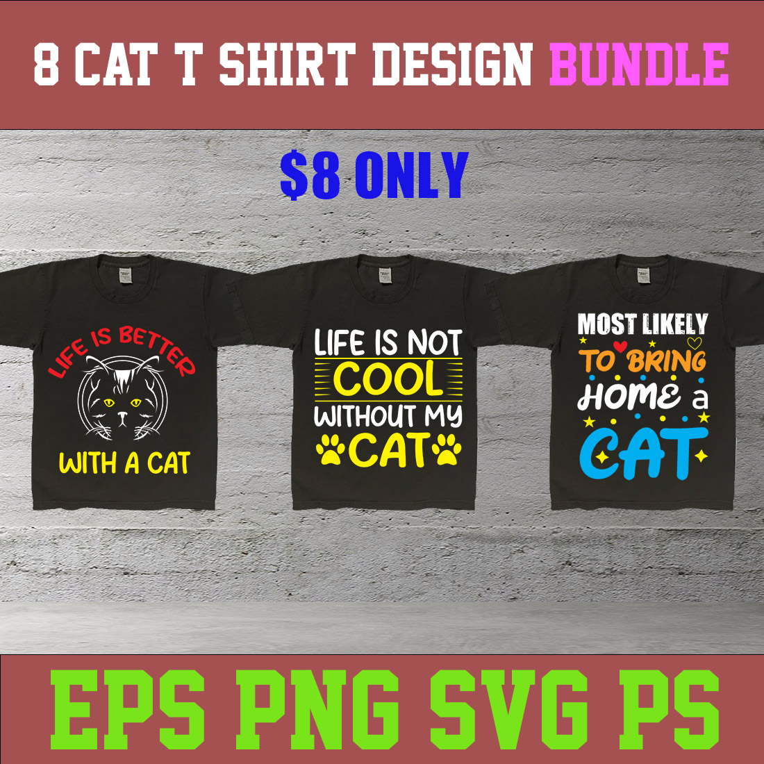 Pack of images of t-shirts with colorful cat prints