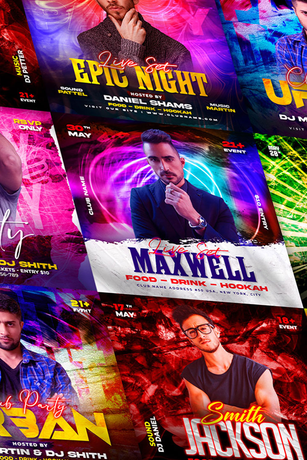 Dj night club party flyer social media post and web banner template set pinterest preview image.