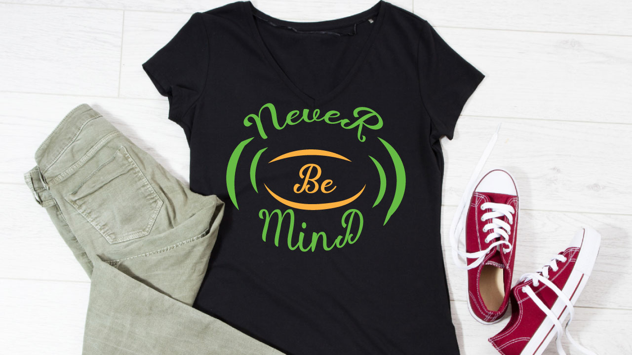 Black t-shirt with green lettering.