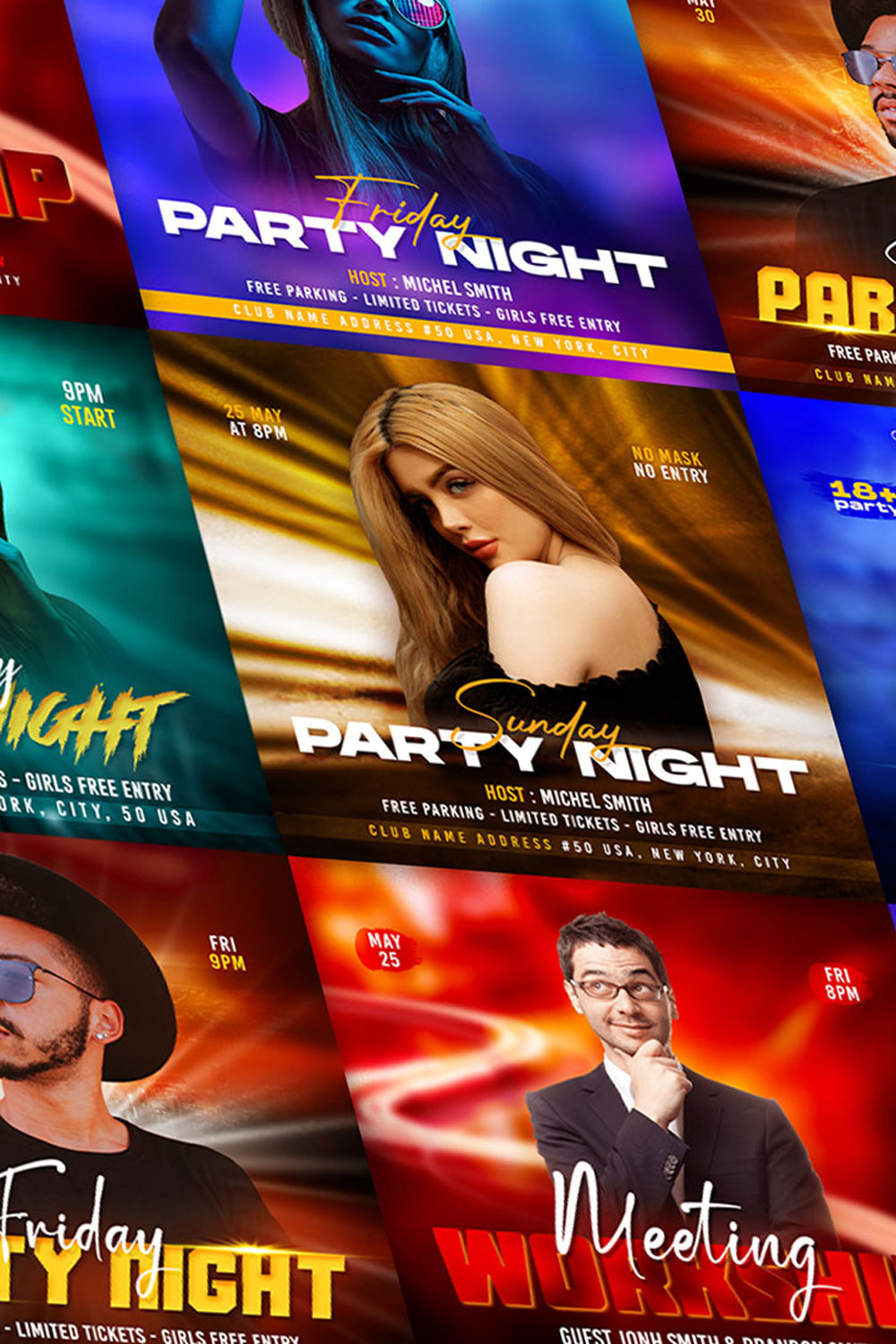 dj night club party flyer social media post and web banner template set pinterest preview image.