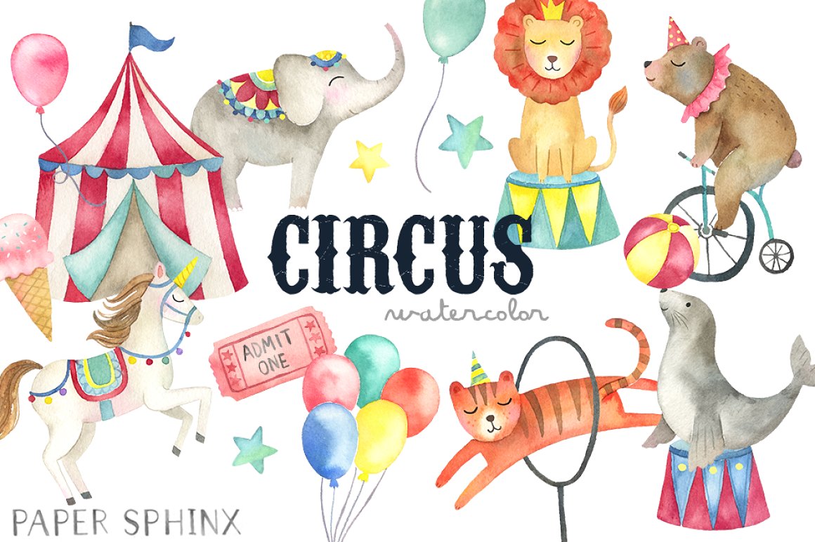 Cover image of Watercolor Circus Clipart Pack.