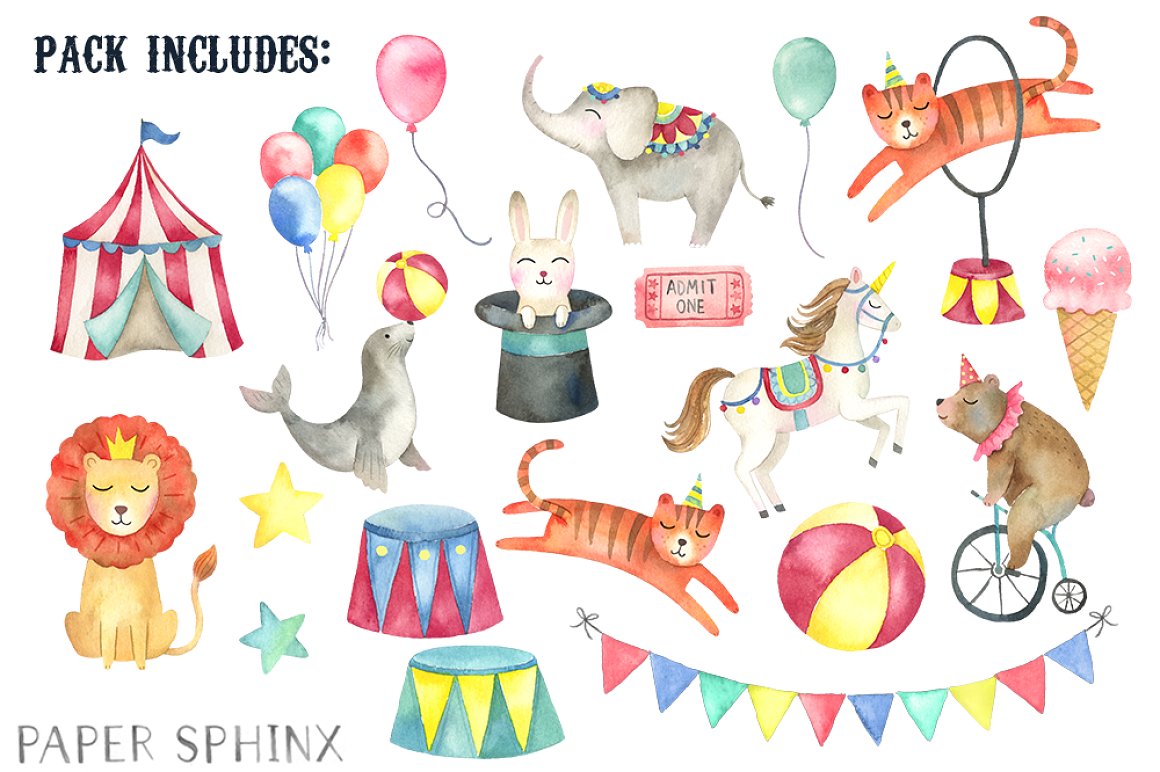Watercolor Circus Clipart Pack preview.