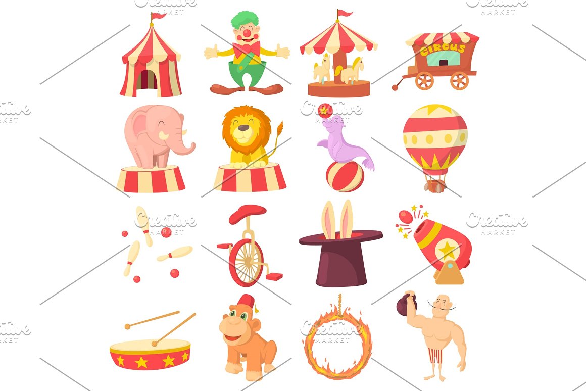 Colorful set of different cartoon icons of circus on a white background.