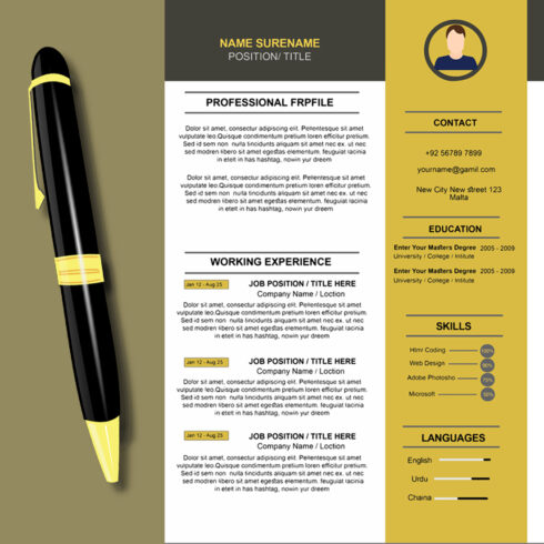 Yellow and black resume with a pen.
