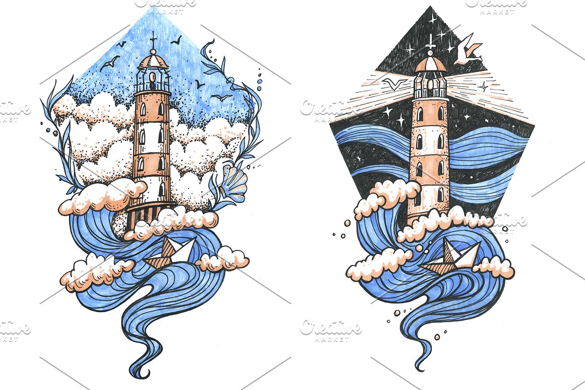 2 hand drawn illustrations of a lighthouse on a white background.