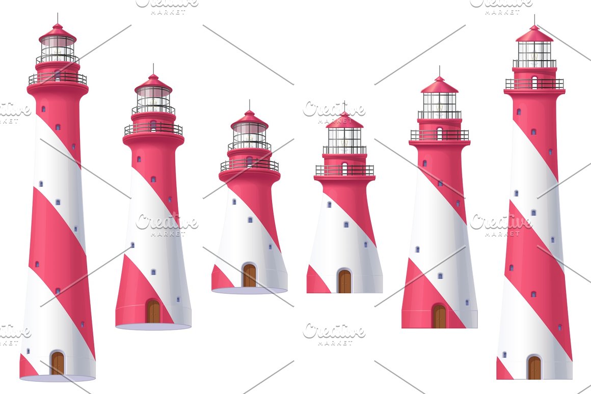 Pink and white illustrations of a lighthouse on a white background.