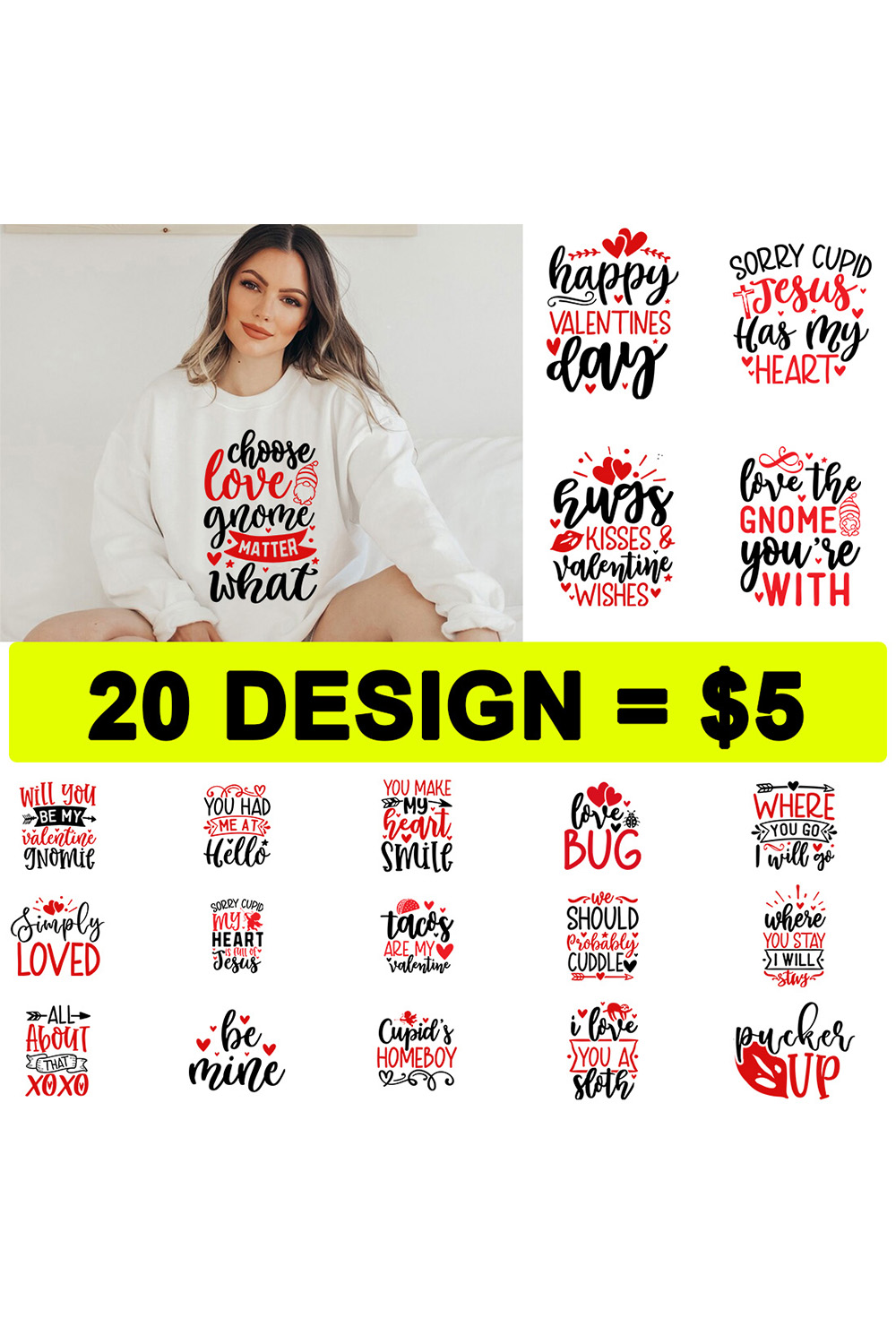 T-shirt Happy Valentine’s Day SVG Designs Bundle pinterest image.