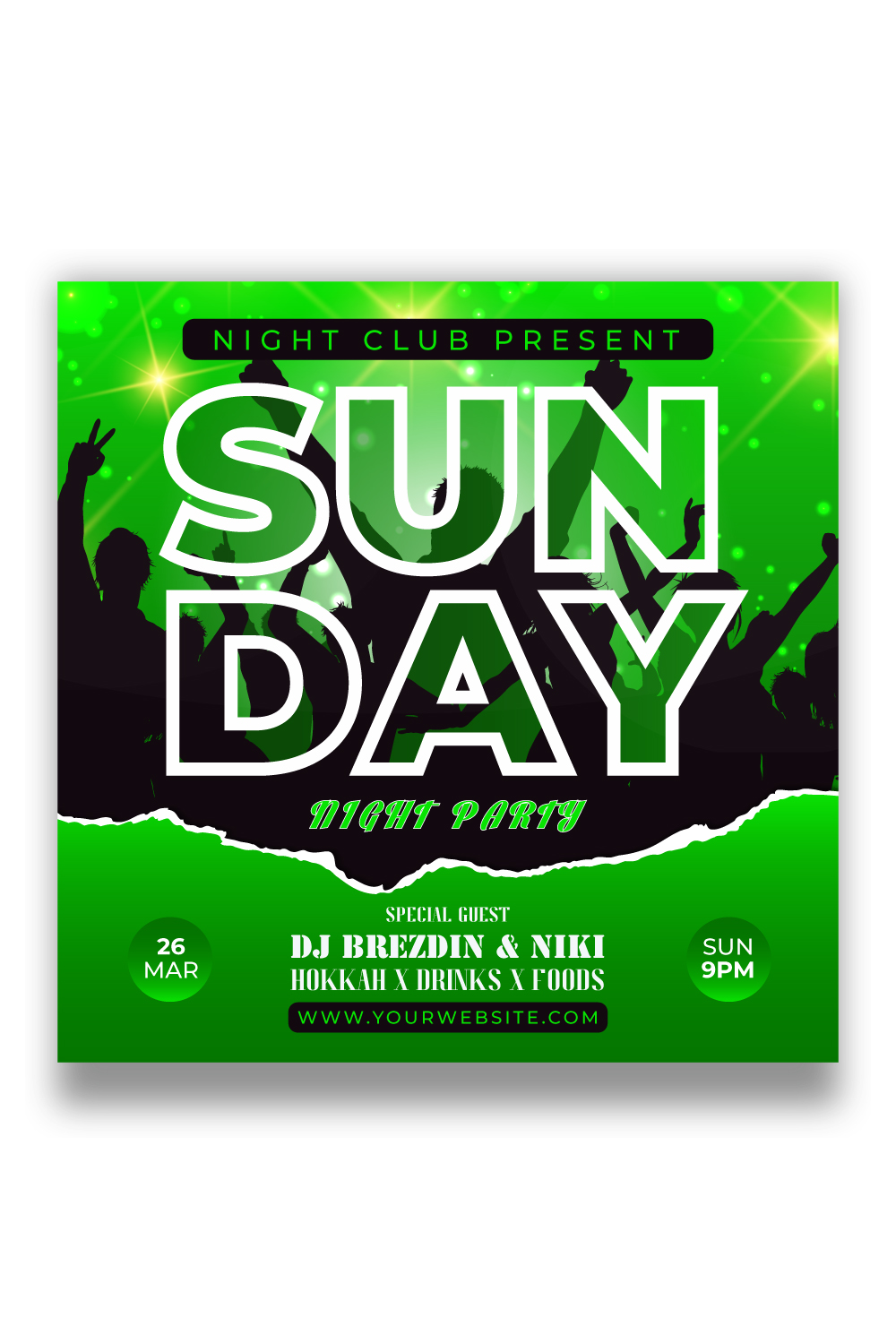 sun day night party Social Media Post Template pinterest preview image.