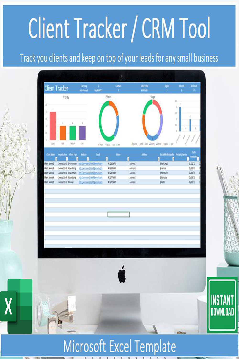 Client Tracker CRM Spreadsheet for Microsoft Excel pinterest image.