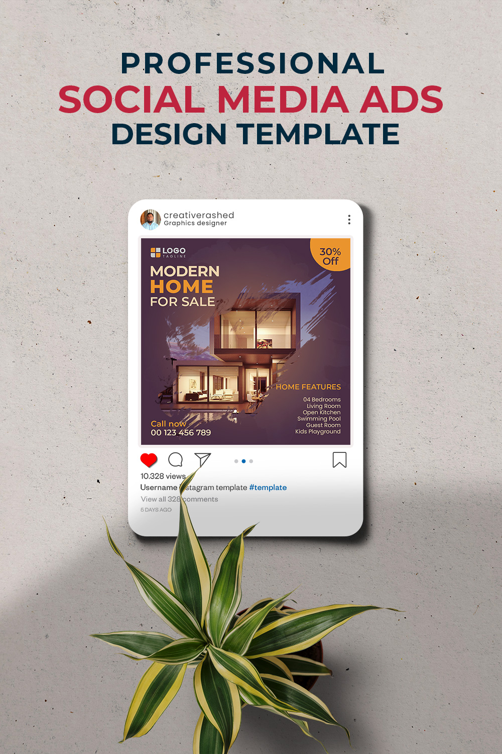 Professional & Creative Modern Home For Sale Social Media Ads Design Template. pinterest preview image.