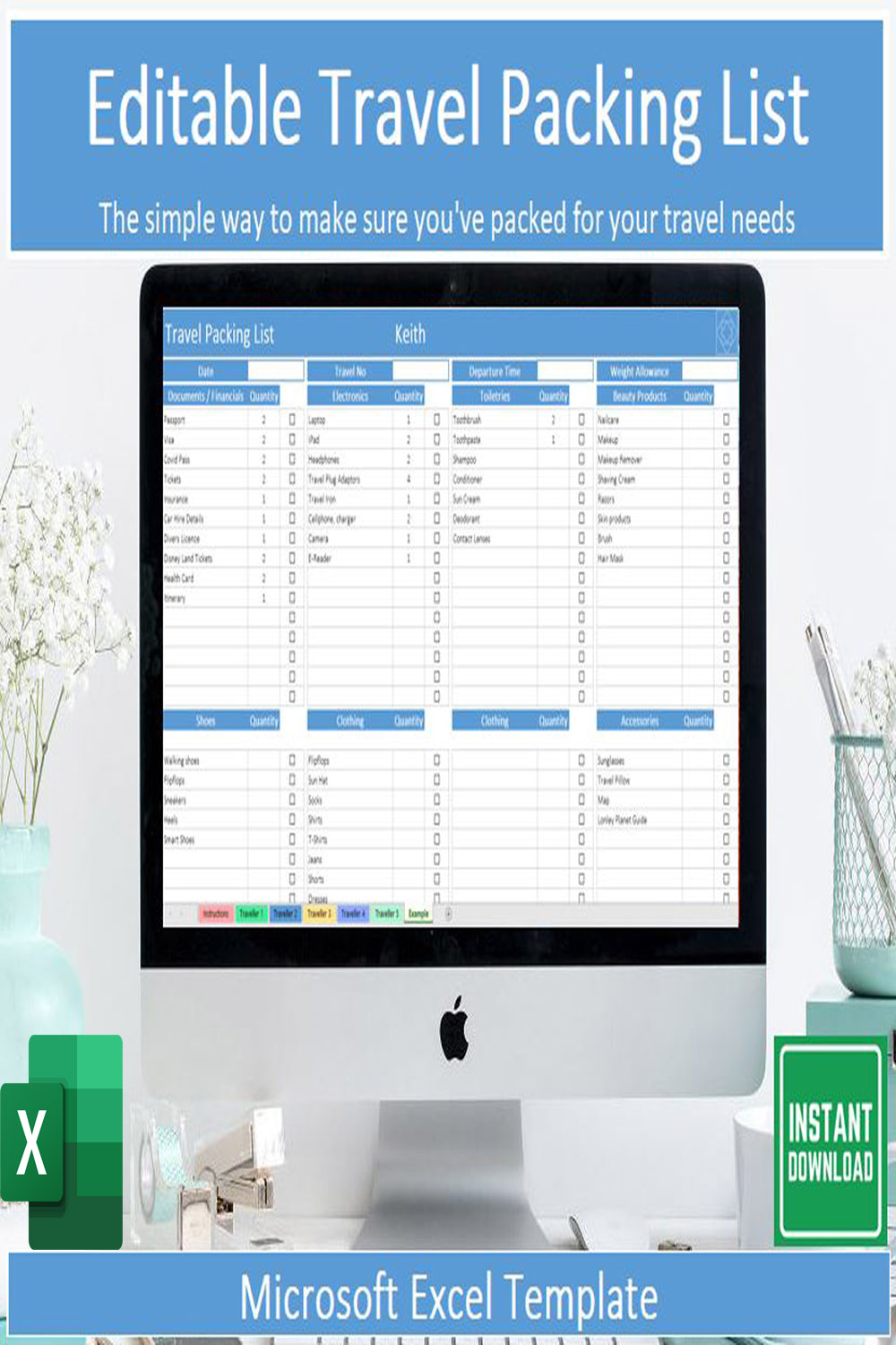 Editable Travel Packing List Template for Microsoft Excel pinterest image.