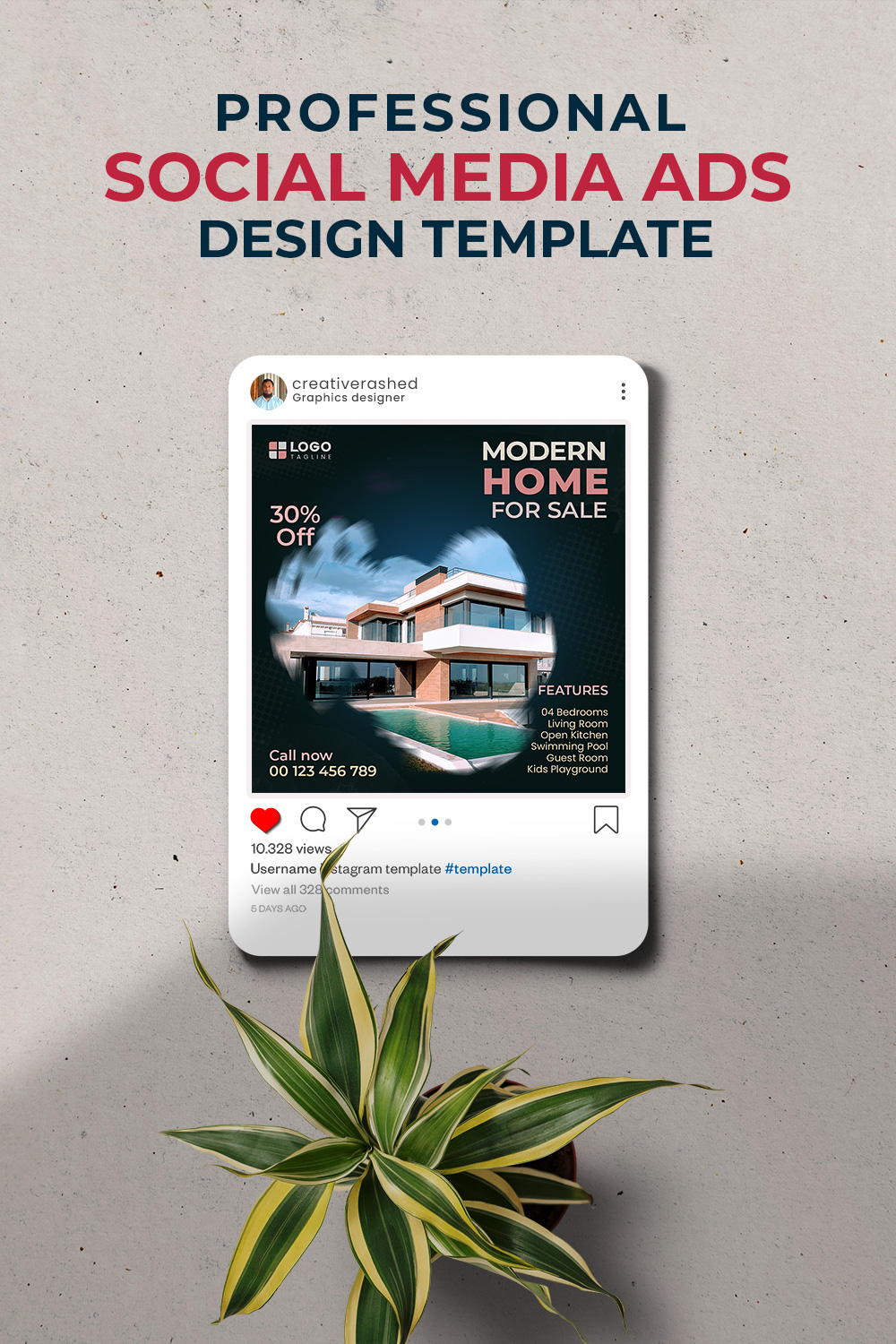 Professional & Creative Modern Home For Sale Social Media Ads Design Template. pinterest preview image.