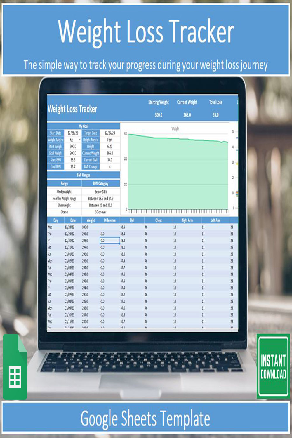 Editable Weight Loss Tracker Template for Google Sheets pinterest image.