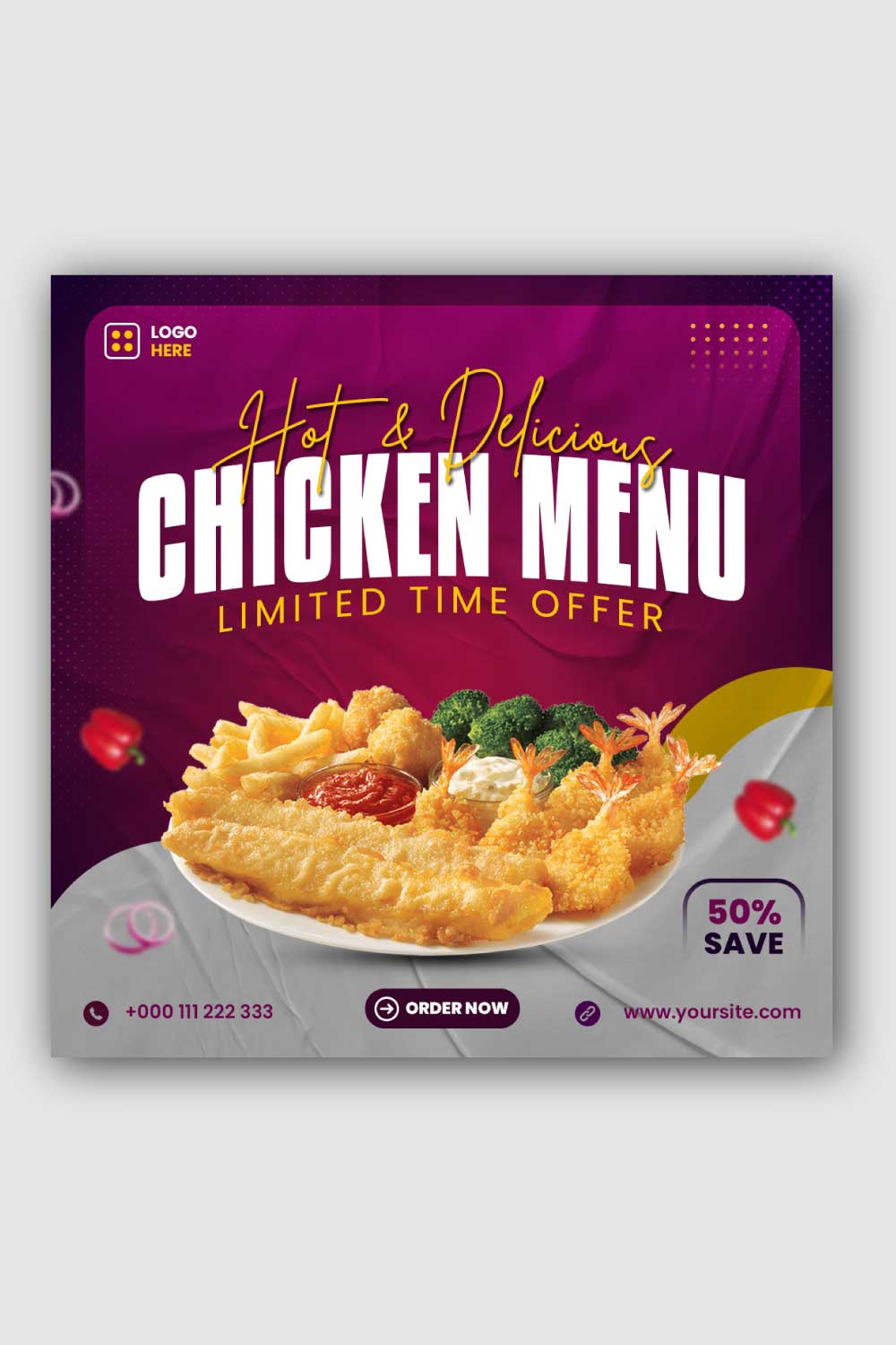 Delicious chicken Social Media Instagram Post Template pinterest preview image.