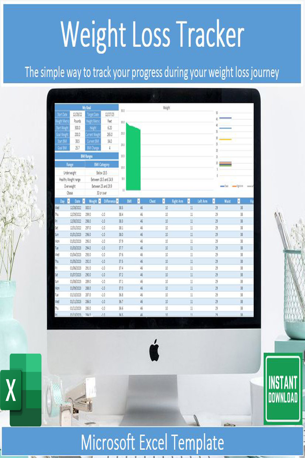 Editable Weight Loss Tracker Template for Microsoft Excel pinterest image.