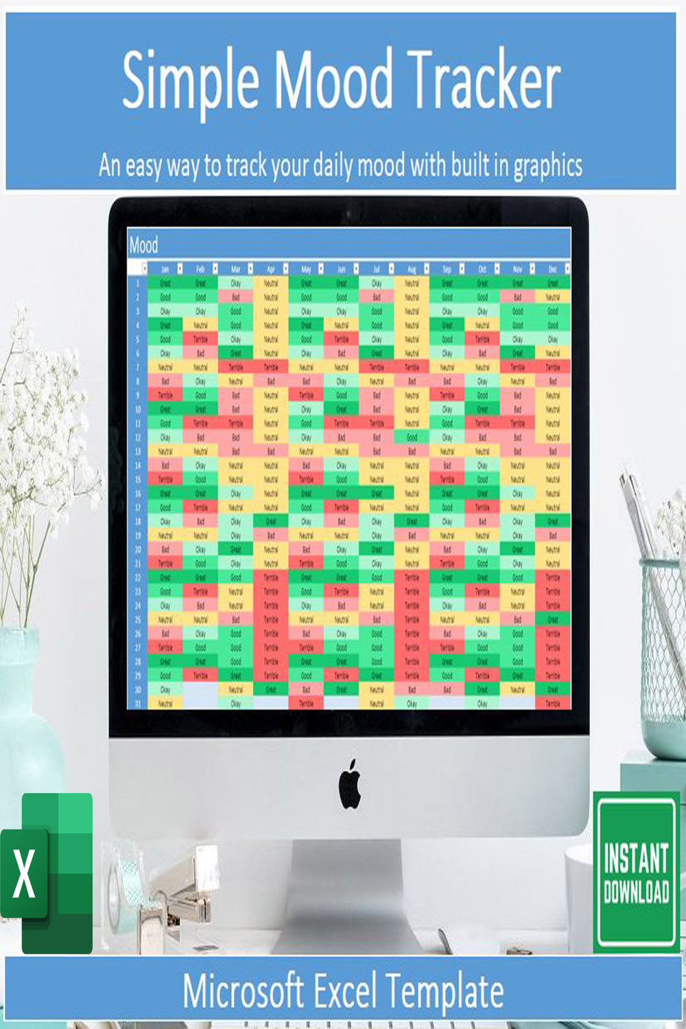 Simple Mood Tracker Template Tool for Microsoft Excel pinterest image.