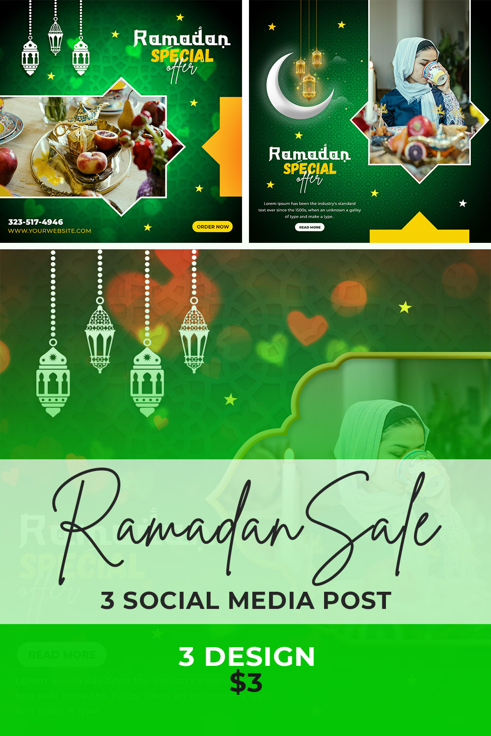 3 Ramadan Kareem sale festival social media promotion banner only $3 pinterest preview image.