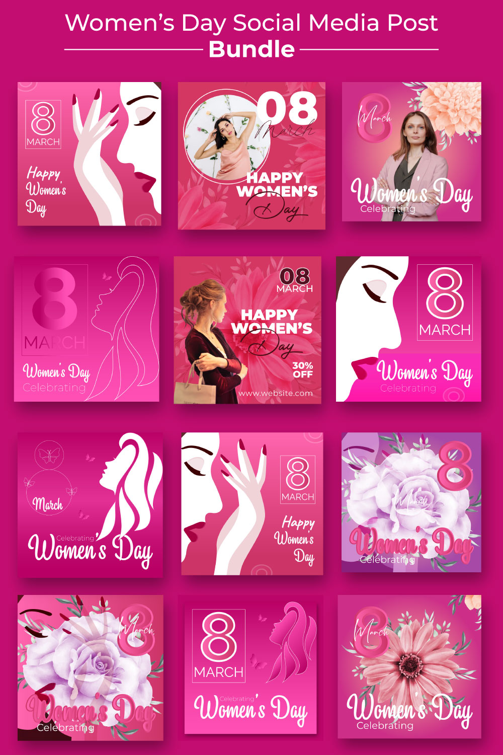 Pack of colorful images of posts in social networks on the theme of Women's Day