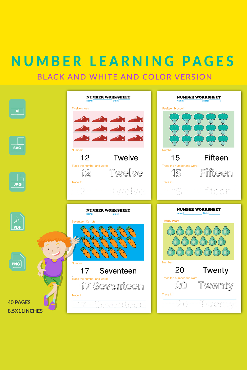 Number Learning Worksheet Two Versions pinterest image.