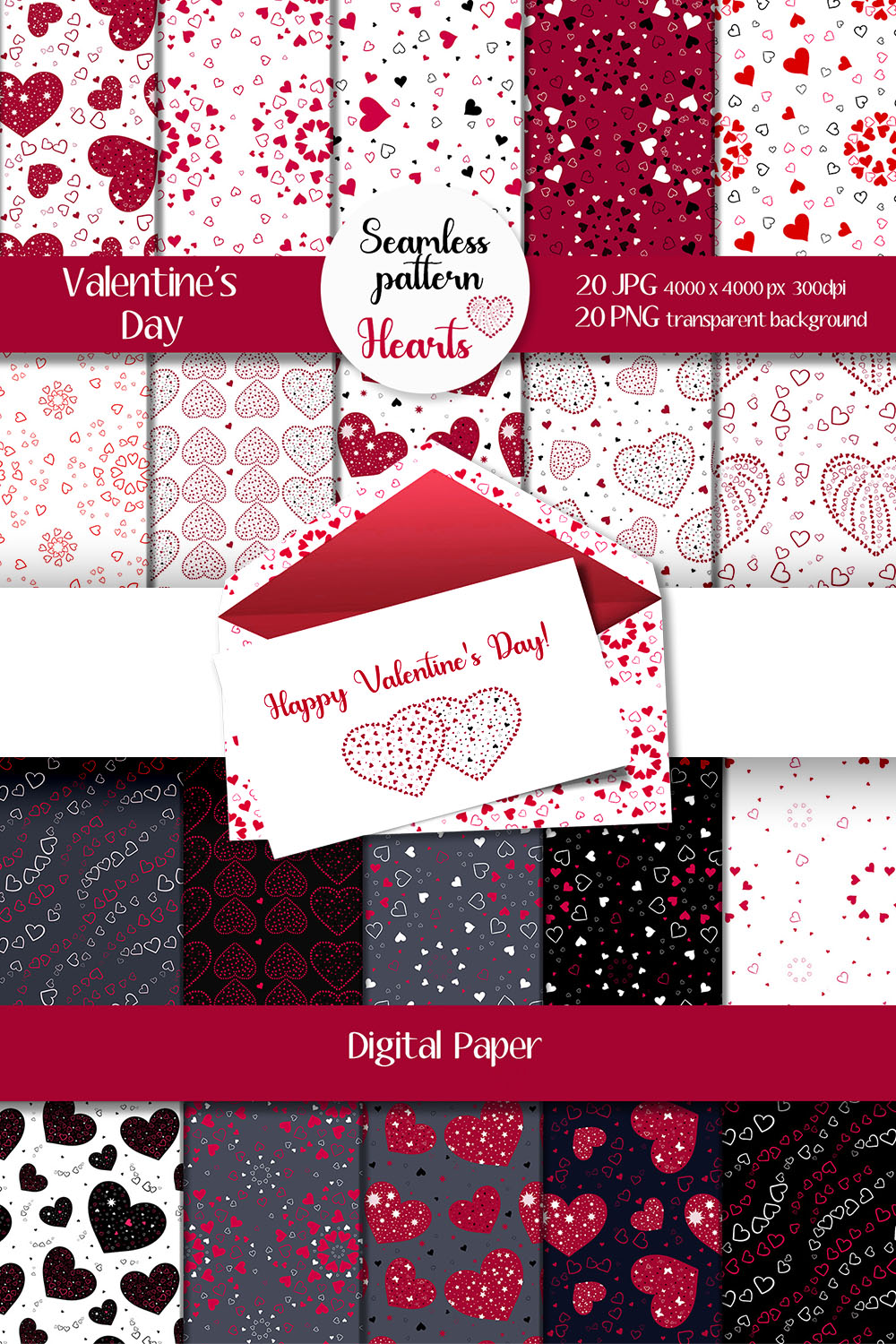 Red Hearts Valentines Day Seamless Template pinterest image.