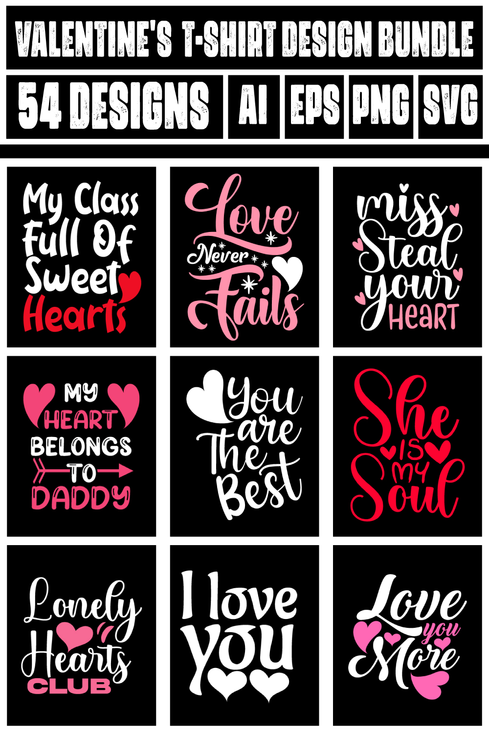 Valentine Day T-shirt Design Bundle pinterest preview image.