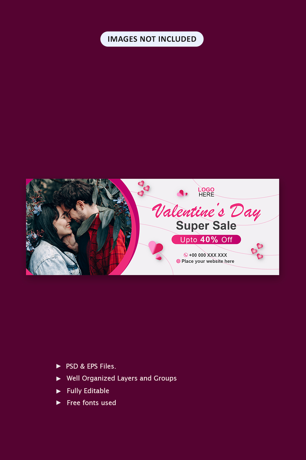 Valentine’s day social media cover banner template pinterest preview image.