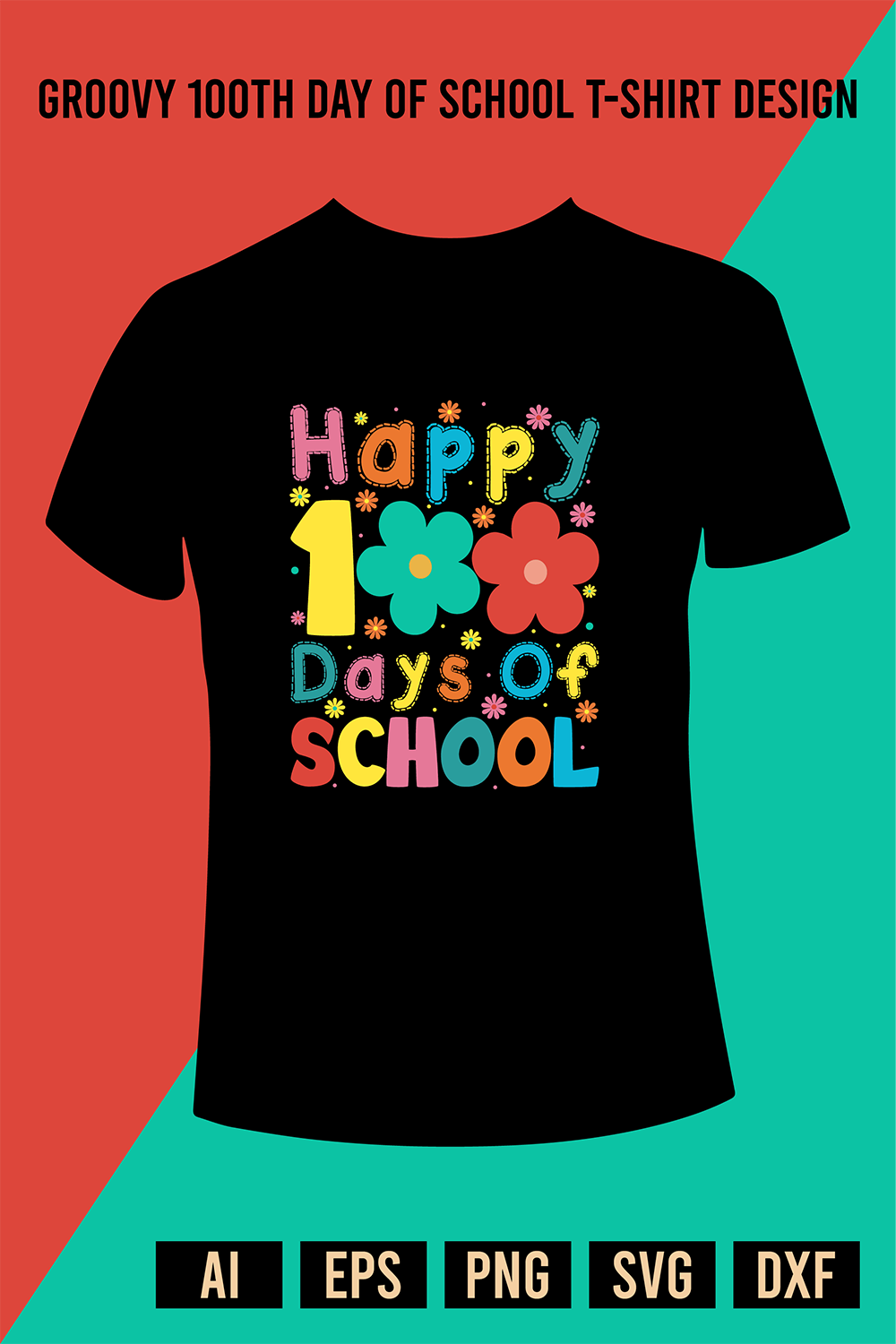 Groovy 100th Day Of School T-Shirt Design pinterest preview image.