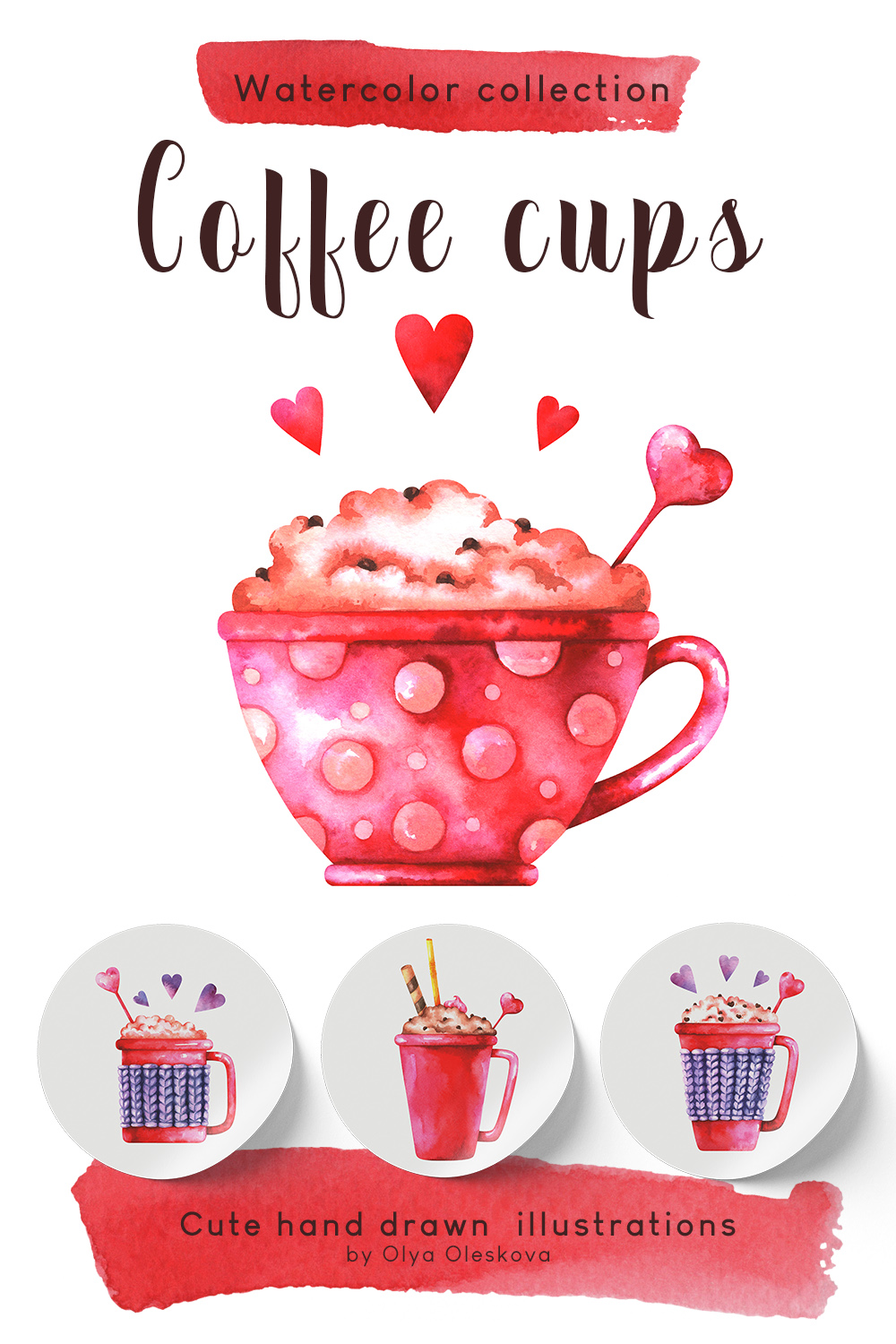 Watercolor Coffee Cups. Hand Drawn Illustrations pinterest image.