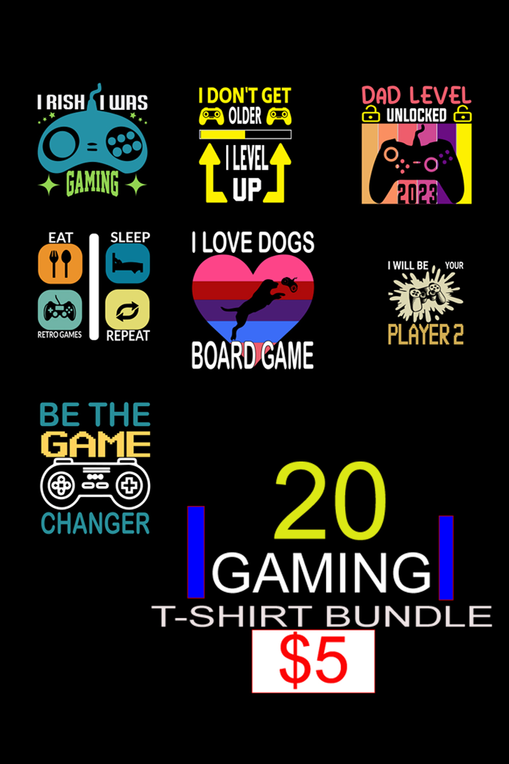 Gaming T-shirt Design Bundle pinterest image.