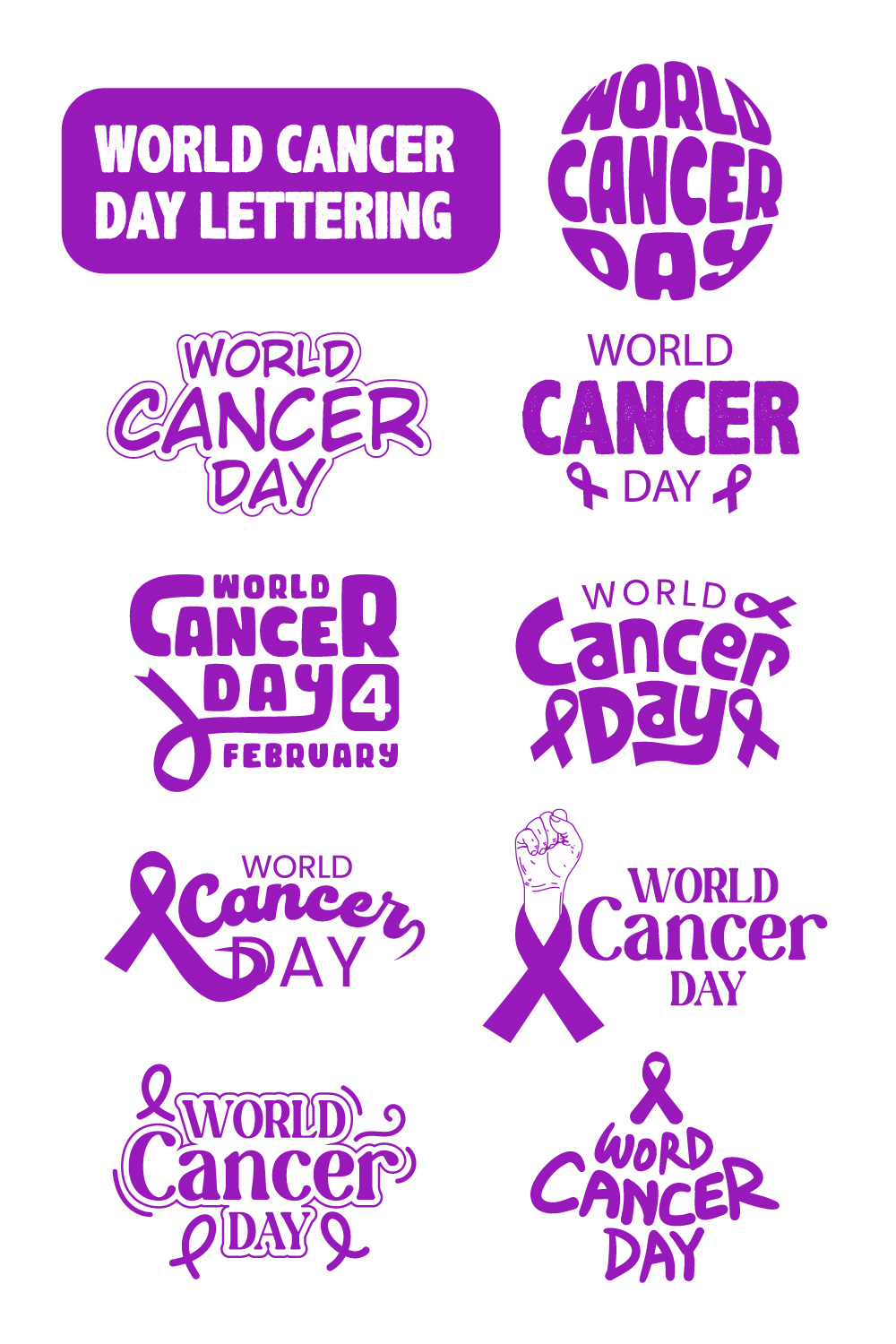 World Cancer Day Lettering Illustration Bundle pinterest image.