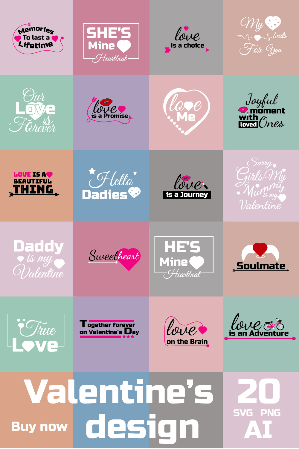 Valentine svg bundle printable design,valentine phrase and saying typography pinterest preview image.