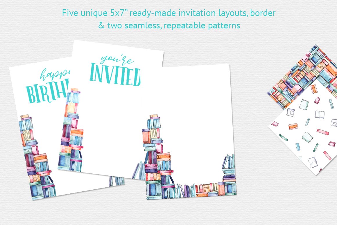Five unique ready-made invitation layouts and patterns.