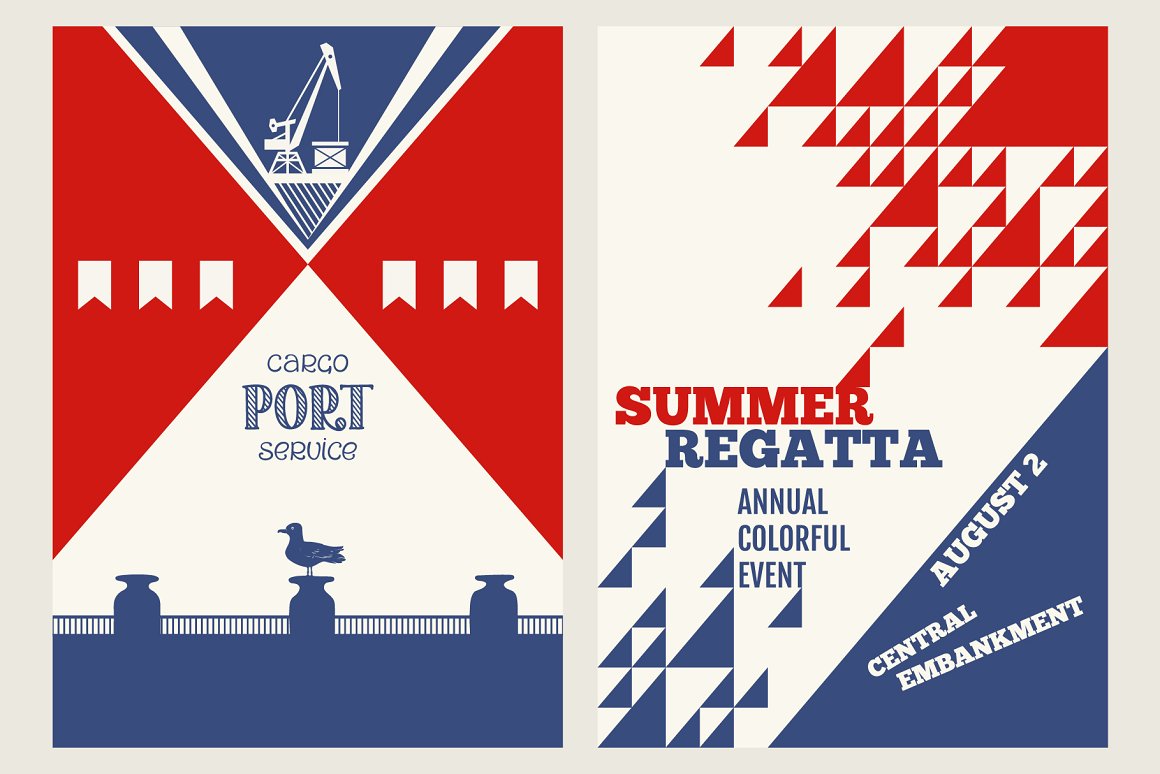 2 white, blue and red nautical posters on a gray background.