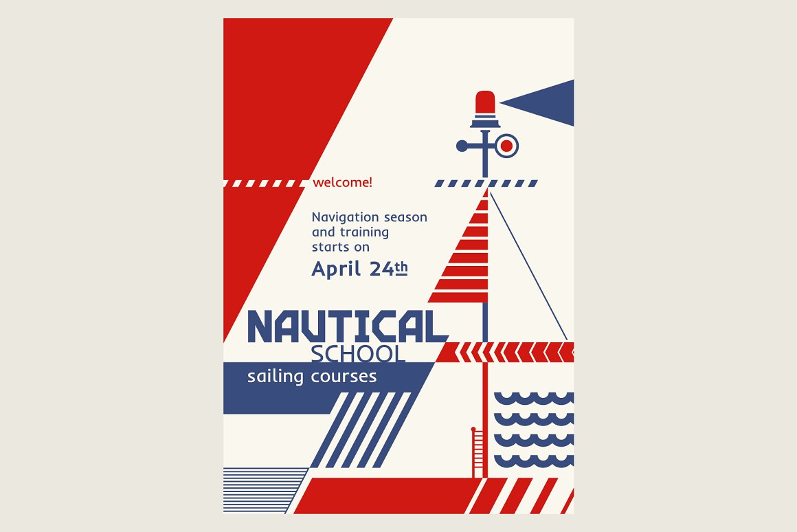 Poster of nautical in white, red and blue colors.
