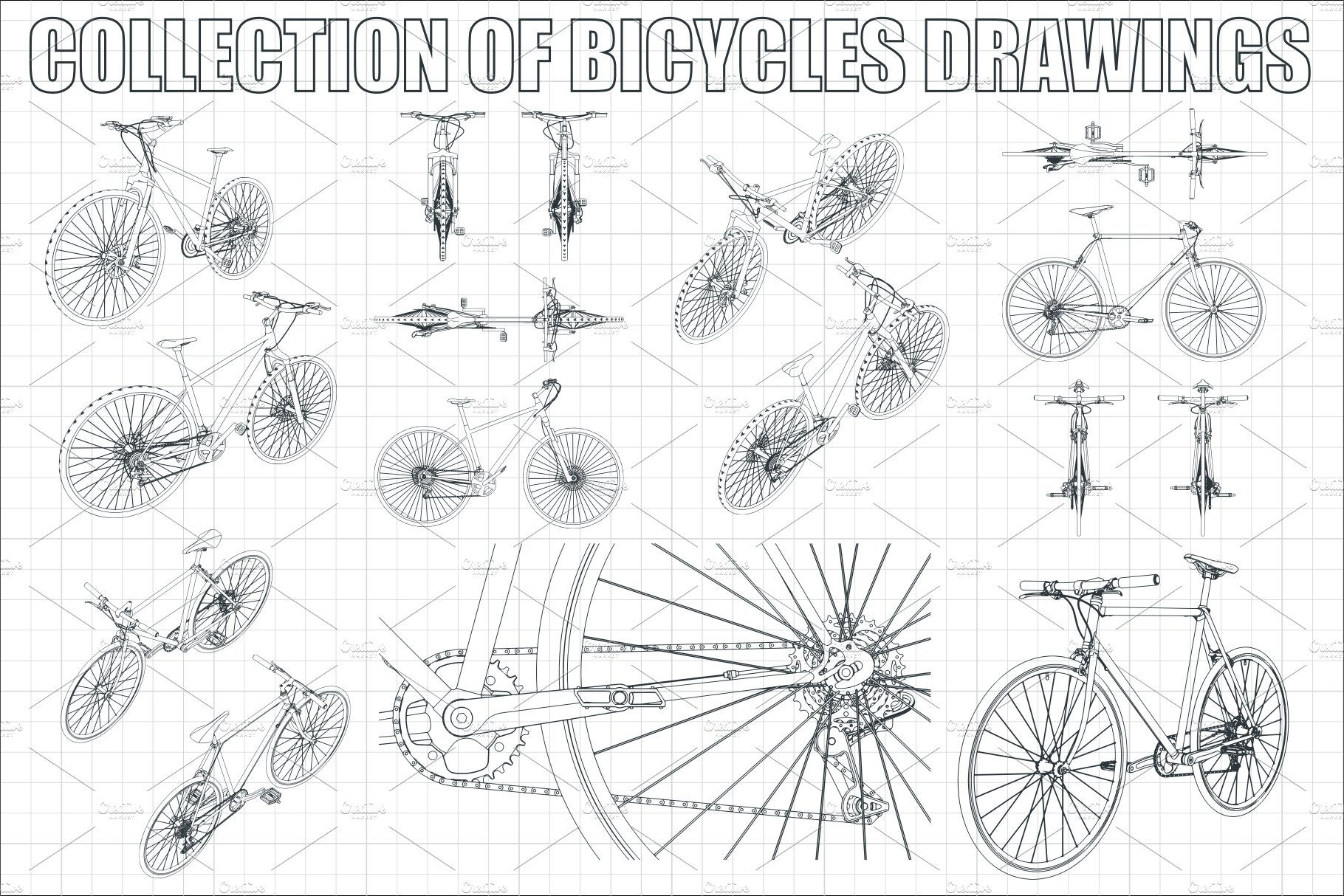 White background with different bicycle elements.