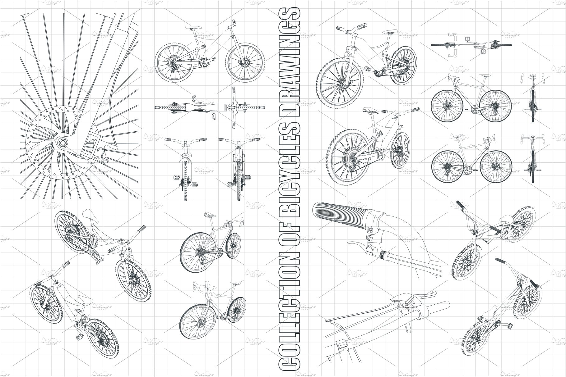 White background with different bicycle systems.