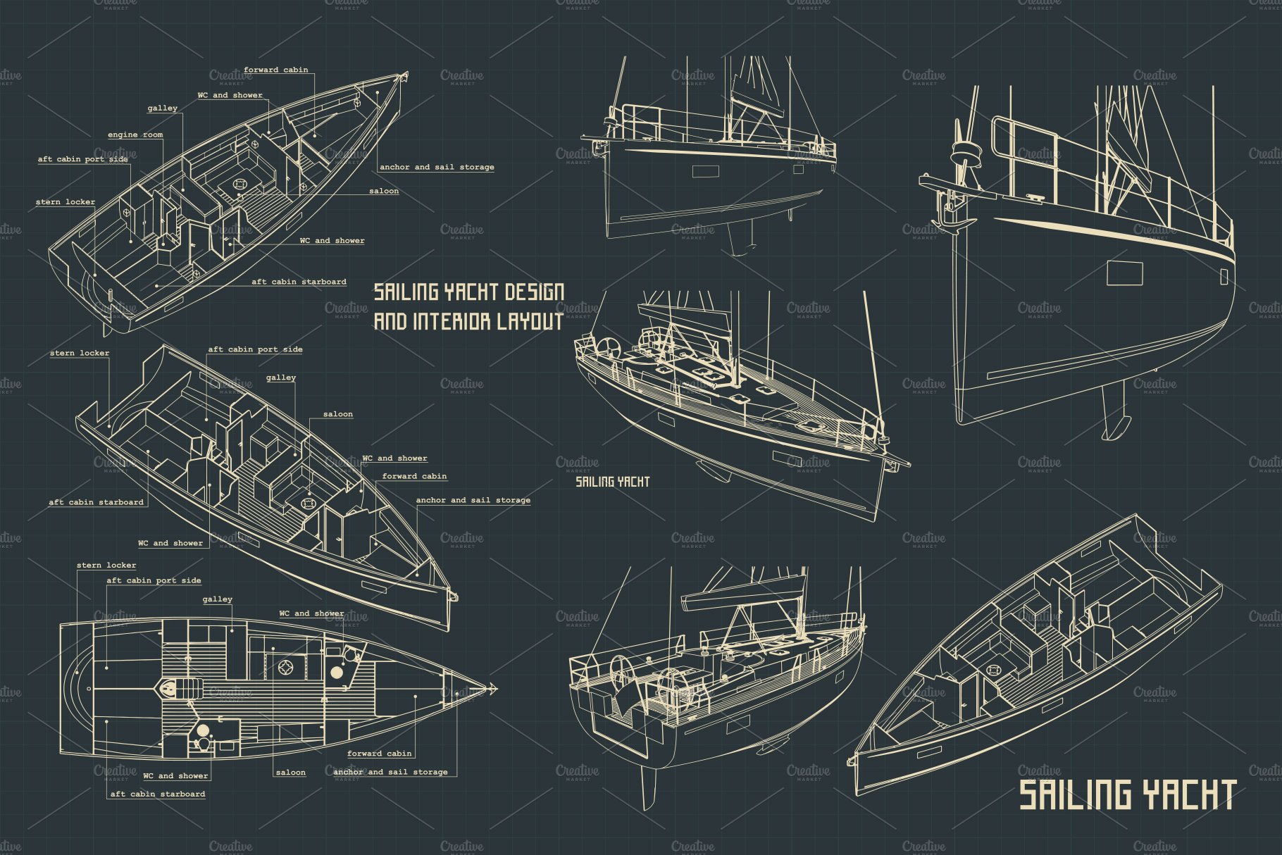 Outline boats in a vintage style.
